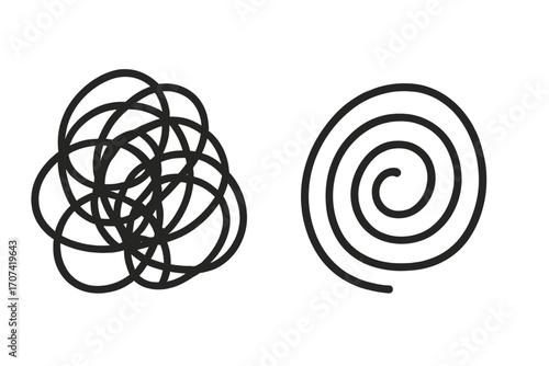 Concept of order and chaos. Tangled messy line to ordered spiral. Metaphor for problem solving, business process, confusion to clarity, therapy and coaching. Doodle vector.