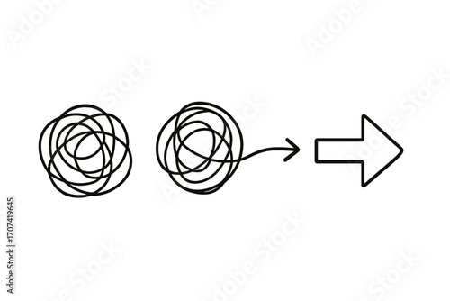 Complex process simplification icon. From chaos and confusion to order and solution. Tangled path unraveling to straight arrow. Metaphor for problem solving and clarity.