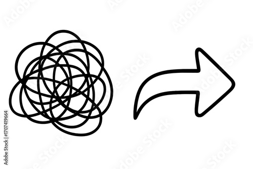 Chaos to order concept. From complex to simple. Confused mind, mess to clarity. Problem solving, finding a solution. Tangled scribble becoming an arrow. Vector icon.