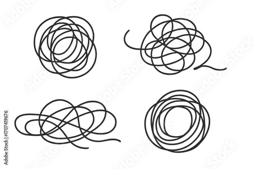 Set of tangled scribble lines. Metaphor for chaos, confusion, and anxiety. Hand-drawn doodle for concepts like mental health, problem solving, mess, and complexity.