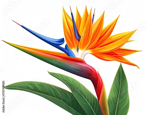 Vibrant bird of paradise flower, detailed illustration, bright colors, bold shapes