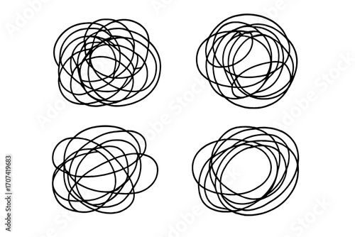 Set of tangled scribble shapes. Hand drawn doodle for concepts like chaos, confusion, anxiety, and stress. Messy mind metaphor. Abstract problem and solution symbol.