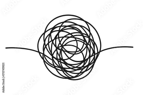 Chaos and order concept. Tangled line symbolizing confusion, anxiety, stress, depression. Metaphor for problem solving, therapy, and finding clarity. Complex messy scribble.