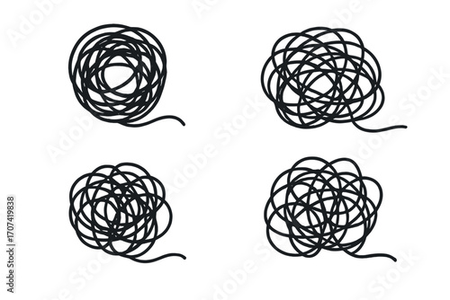 Set of tangled scribble lines. Chaos, confusion, and complexity metaphor. Hand drawn vector illustration of a messy knot or thread ball. Concept for mental health, anxiety, problem.