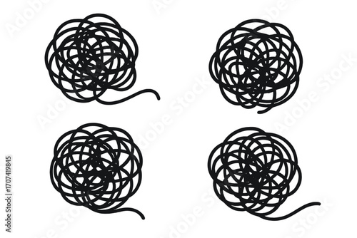 Set of tangled thread clews. Metaphor for chaos, confusion, complexity. Messy scribble line art. Problem solving concept. Psychology, anxiety, depression, mental health vector.