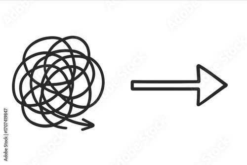 Chaos and order metaphor. Untangling tangled knot for a solution. From confusion to clarity. Psychology, business strategy, therapy and coaching vector illustration.