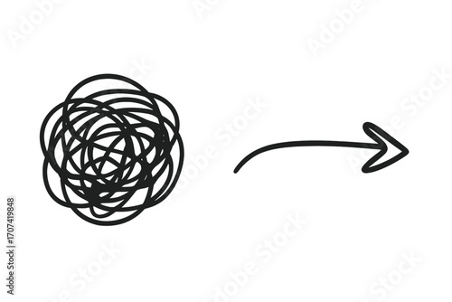 Concept of problem solving, from chaos and confusion to order and clarity. Simplifying the complex. Tangled messy line to straight arrow path. Business metaphor.