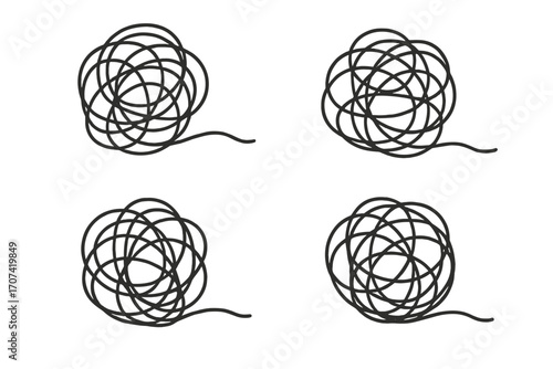 Set of tangled line icons. Metaphor for messy chaos, confusion, complex problem solving, anxiety, and stress. Hand-drawn doodle scribble vector illustration collection.