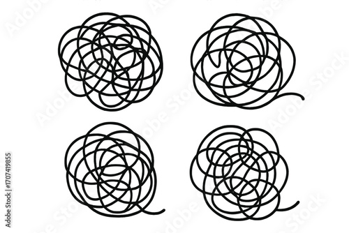 Tangled scribble clew set. Concept of chaos, confusion, and disorder. Metaphor for anxiety, stress, messy thoughts, and mental problems. Brainstorming and creativity.