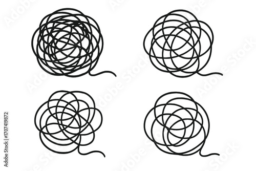 Tangled and untangled scribble clew metaphor. Chaos vs order concept. Brainstorming, problem solving process. Messy and tidy. Mental health, anxiety, confusion symbol.