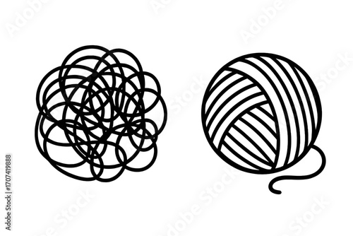 Chaos and order, messy and tidy. Tangled and untangled yarn. Metaphor for problem solving, business, psychology, therapy, confusion and clarity, stress and calm.
