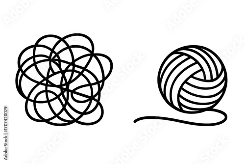 Chaos and order metaphor. Tangled and untangled thread. Complex problem solving. From mess to clarity. Psychology, mental health concept. Unraveling process illustration.