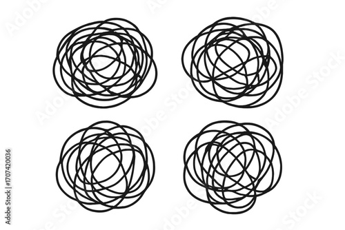 Set of tangled scribble lines illustrating chaos, confusion, complex problem. Messy scrawl, clew metaphor for mental disorder, anxiety, stress. Abstract doodle of an intricate knot or tangled thread.