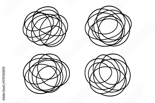 Metaphor for chaos, confusion, and anxiety with a tangled clew. Set of messy scribble icons. Complex problem, mind disorder, and tangled thoughts concept. Vector line art.