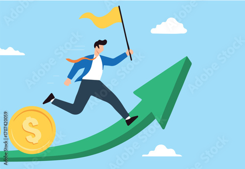 Businessman leader running on upward graph with flag and coins in flat design
