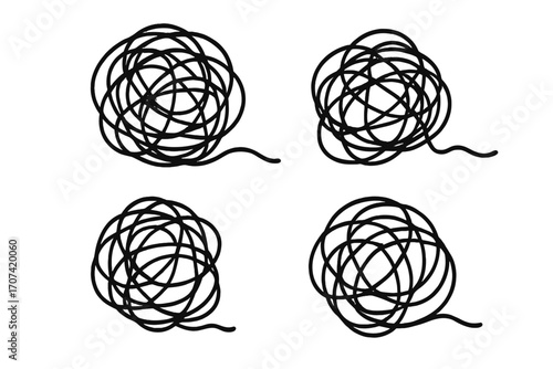 Vector set of tangled scribble clews. Metaphor for chaos, confusion, complexity, anxiety. Abstract concept of mental disorder, tangled thoughts, problem solving. Doodle.