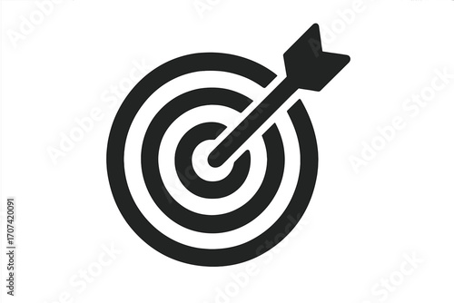 Target with arrow icon. Bullseye symbol. Dartboard concept. Business goal, success, aim, and achievement. Hitting the mark. Accuracy, focus, objective, strategy vector.