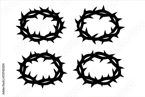 Crown of thorns silhouette icon set. Religious symbol of Christianity, Jesus Christ's crucifixion and resurrection on Easter. Vector illustration of faith, suffering, and sacrifice.