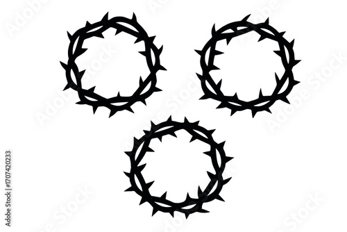 Crown of thorns vector icon set. Jesus Christ passion symbol. Christian religious silhouette illustration for Easter and Lent. Crucifixion, sacrifice, and suffering concept.