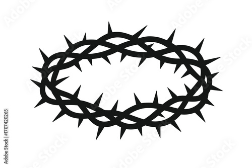 Crown of thorns silhouette. Jesus Christ passion symbol. Christian religious icon for Easter. Crucifixion, suffering, and sacrifice vector graphic illustration. Biblical sign.