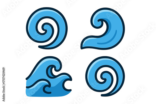 Wave icon set vector cartoon illustration. Flat style swirl, spiral and tsunami symbols. Abstract water, sea, and ocean logo elements for nature or surfing design.