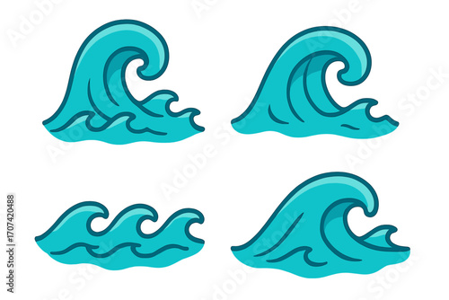 Set of four cartoon wave icons. Ocean and sea water symbols. Simple flat vector illustration collection of aqua splashes, tides, and swells for surfing and nature design.
