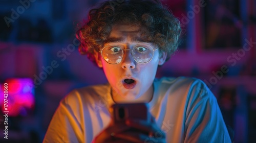 Young man is holding a cell phone and looking at it with wide eyes