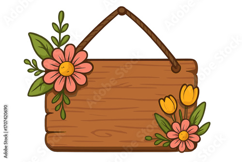 Cartoon wooden sign with spring flowers. Hanging rustic signboard with floral decoration. Blank wood plank for message or text. Empty vector frame with copy space for ads.