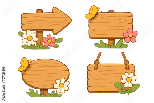 Cartoon wooden signboards set. Cute spring vector collection of blank rustic wood signs, empty arrow pointers, and hanging planks. Nature illustration with flowers and butterflies.