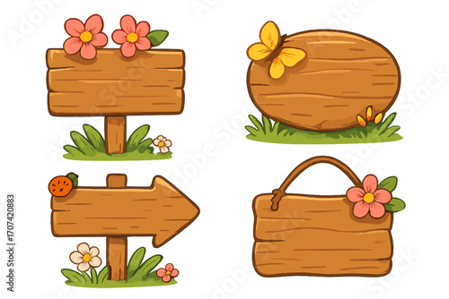 Cartoon wooden signs set vector illustration. Cute rustic signboard collection with spring flowers, a butterfly, and a ladybug. Blank wood nature template for game UI or info.