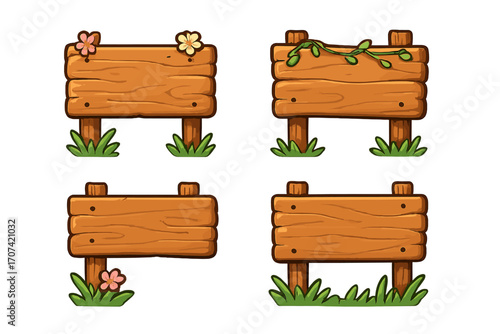 Set of cartoon wooden signboards. Blank rustic wood signs with grass, flowers, and vines. Vector illustration collection for game UI, nature or spring themes. Empty wooden banner templates.