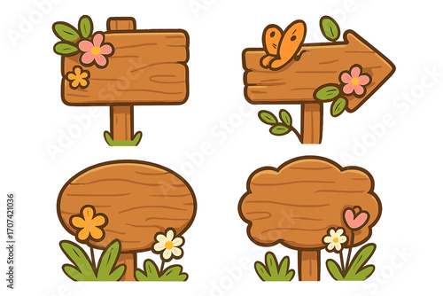 Set of cute cartoon wooden signs. Spring and summer themed blank signboards with flowers, leaves and a butterfly. Rustic nature vector illustration collection for text.
