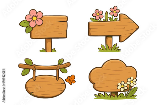Set of cute cartoon wooden signs. Spring and summer empty signboards with flowers and grass. Vector illustration collection of rustic wood banners and pointers for messages.