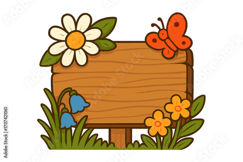 Wooden signboard in a spring garden with flowers and a butterfly. Vector cartoon illustration. Empty wood banner for text. Blank nature signpost with daisy and bluebell.