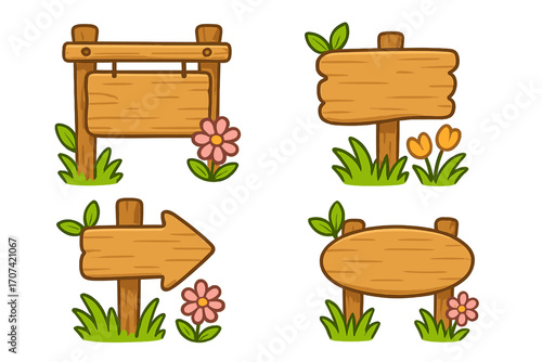Cartoon wooden signboard set. Spring summer rustic blank wood signs with grass and flowers. Vector illustration collection of empty nature banners, game assets, arrow pointers.