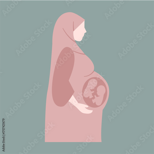 Isolated Vector Illustration of a Pregnant Hijab Woman with Twin on Green Sage Background. Vector illustration of a pregnant Woman. Motherhood Illustration.