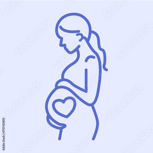Outline vector illustration of Pregnant Woman on Blue Background. Vector illustration of a pregnant Woman. Motherhood Illustration.