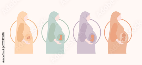 Stage of a Pregnant Hijab Woman on White Background. Vector illustration of a pregnant Woman. Motherhood Illustration.