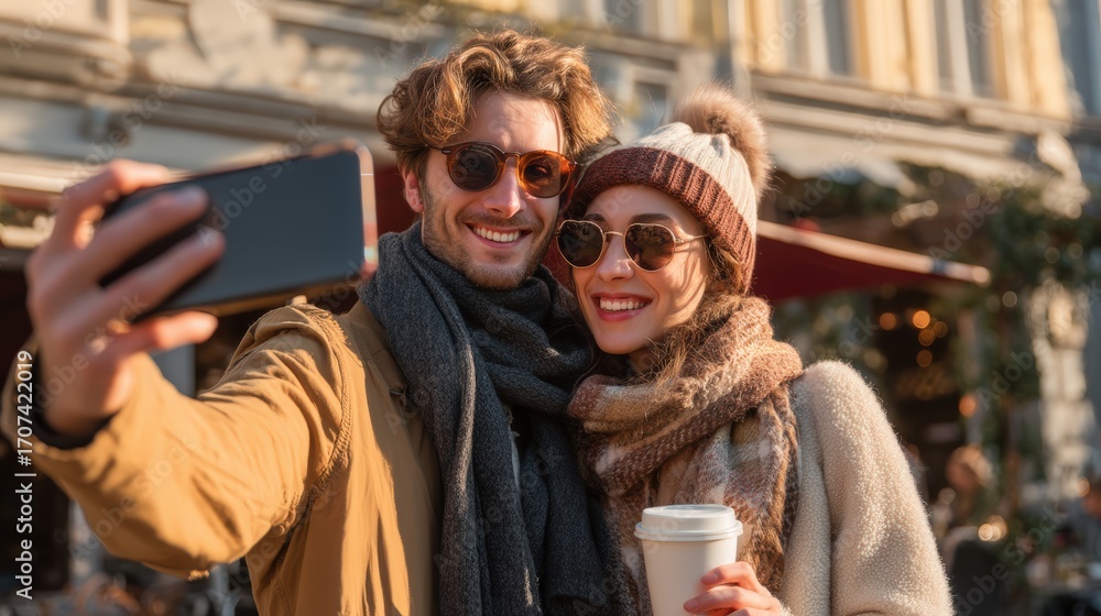 Obraz premium Man and woman are taking a selfie with a cell phone