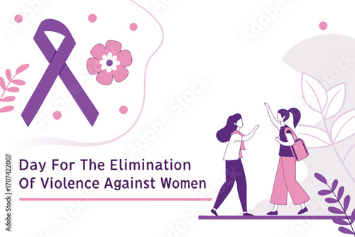 Day for the Elimination of Violence Against Women Vector Illustration with Purple Ribbon, Silhouettes, and Symbolic Empowering Elements