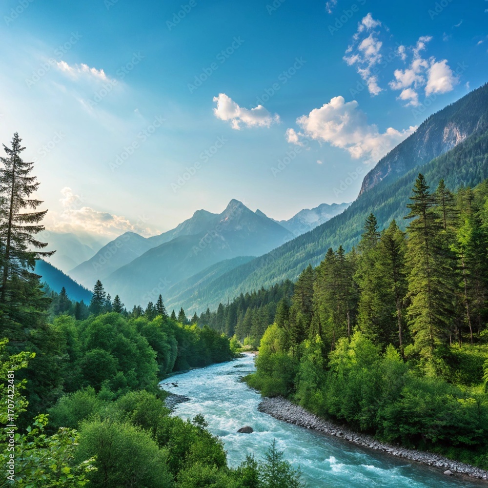 Obraz premium Beautiful mountain landscape with river and green forest