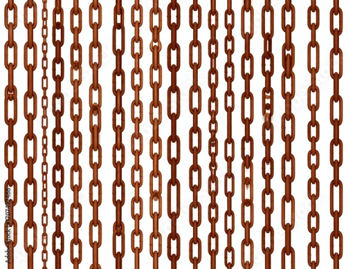 Diverse collection of rusty metal chains in various sizes, displayed against a plain white background.