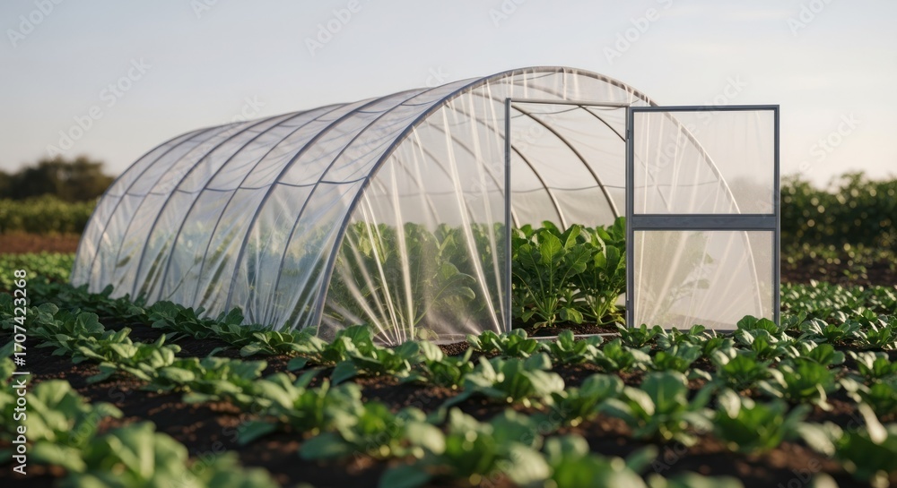 Fototapeta premium A clear plastic greenhouse sits in a field of leafy green plants. Sunlight streams in
