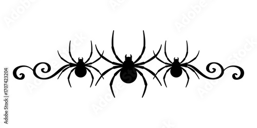 Logo con silueta de arañas con filigrana caligráfica. Silueta con florituras para tarjetas y felicitaciones de Halloween