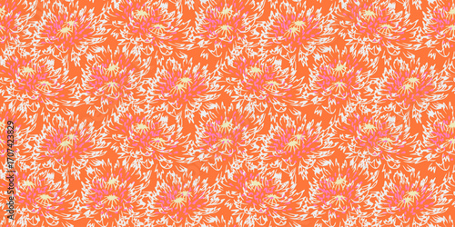 Seamless vector pattern with abstract floral chrysanthemums in vibrant orange, pink, and cream. Hand drawn expressive lines create a bold, energetic look, ideal for textiles, wallpapers, packaging