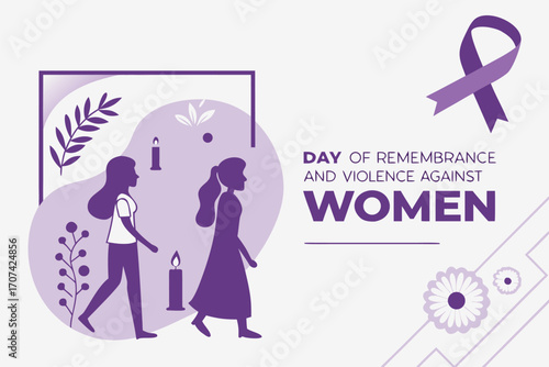 Day of Remembrance for Violence Against Women. Purple ribbon, candlelight, and silhouettes symbolizing hope and awareness. Flat vector illustration.

