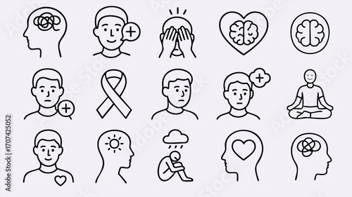 Line icons mental health awareness support brain care mindfulness