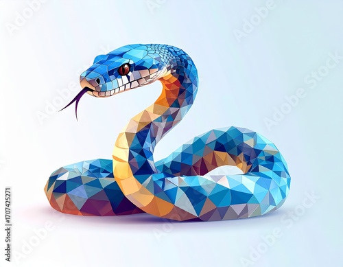 A vibrant, colorful snake created in a modern low poly geometric style. The coiled reptile's scales form a beautiful mosaic, symbolizing transformation and creativity.