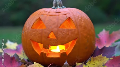 Carved Halloween pumpkin glowing ominously with a candle inside with a festive and spooky mood against an autumn leaves background with copy space