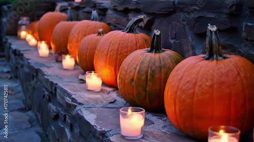 Row of assorted pumpkins on rustic stone steps with a warm and festive mood during an autumn evening with candles with copy space